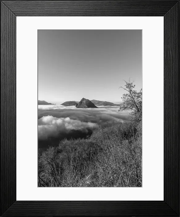 Framed Print : Mountain Peak San Salvatore Above Cloudscape with a Autumn Tree and Sunlight with Clear Sky in Lugano Framed Print : Mountain Peak San Salvatore Above Cloudscape with a Autumn Tree and Sunlight with Clear Sky in Lugano