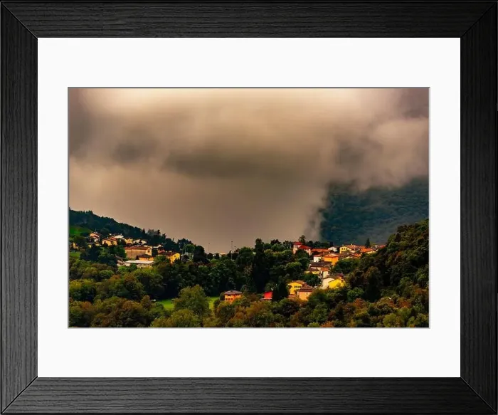Framed Print : Alpine Village Novaggio in the Clouds with Mountain View in Ticino, Switzerland Framed Print : Alpine Village Novaggio in the Clouds with Mountain View in Ticino, Switzerland