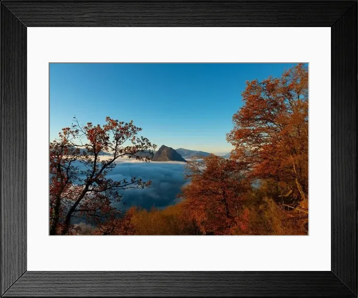 Framed Print : Mountain Peak San Salvatore Above Cloudscape with a Autumn Tree and Sunlight with Clear Sky in Lugano Framed Print : Mountain Peak San Salvatore Above Cloudscape with a Autumn Tree and Sunlight with Clear Sky in Lugano