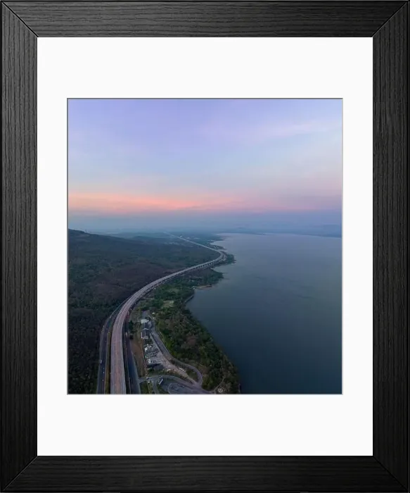 Framed Print : aerial view light on super highway Along the Lam Takhong Dam at twilight Framed Print : aerial view light on super highway Along the Lam Takhong Dam at twilight