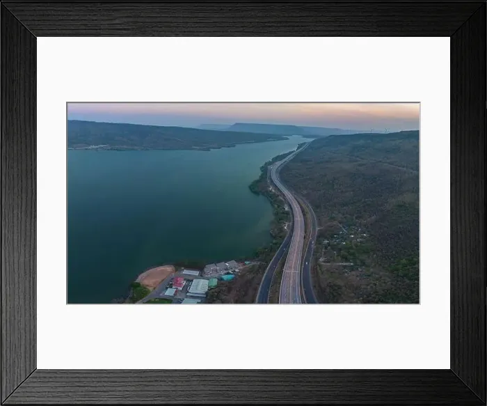 Framed Print : aerial view light on super highway Along the Lam Takhong Dam at twilight Framed Print : aerial view light on super highway Along the Lam Takhong Dam at twilight