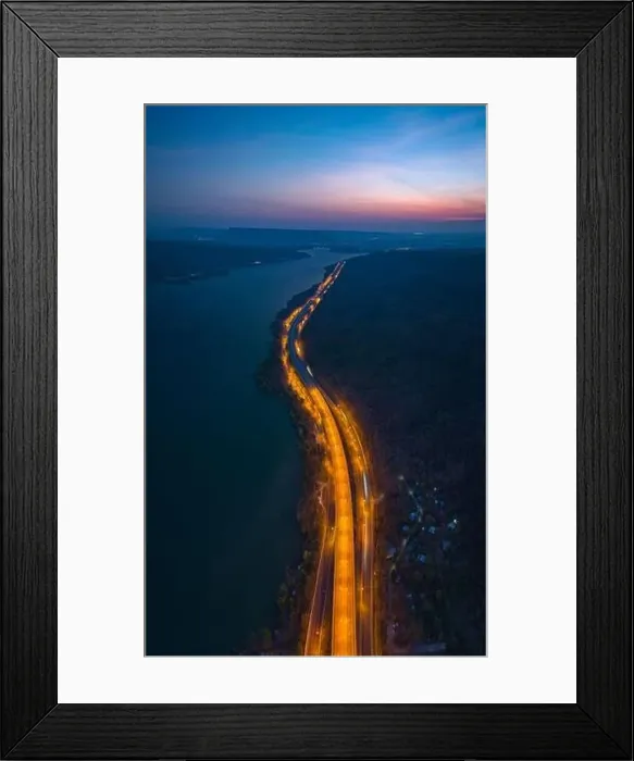 Framed Print : aerial view orange lights on the expressway along the route along the Lam Ta Khong Dam Framed Print : aerial view orange lights on the expressway along the route along the Lam Ta Khong Dam