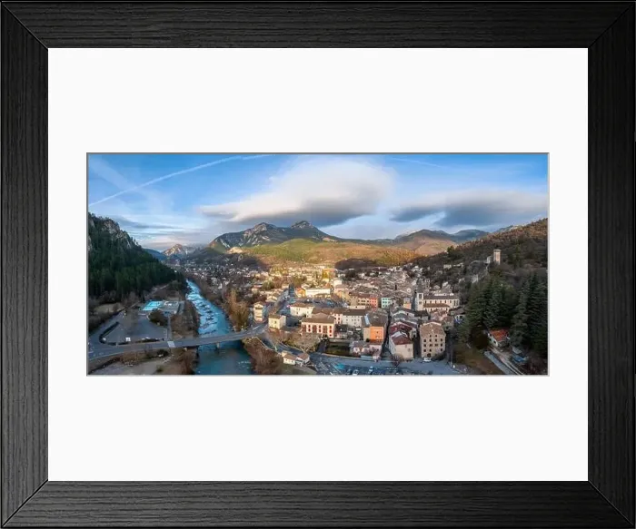 Framed Print : An aerial landscape view of the French village of Castellane in the Upper Verdon Gorge