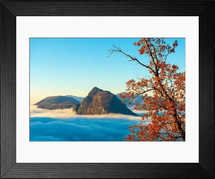 Framed Print : Mountain Peak San Salvatore Above Cloudscape with a Autumn Tree and Sunlight with Clear Sky in Lugano Framed Print : Mountain Peak San Salvatore Above Cloudscape with a Autumn Tree and Sunlight with Clear Sky in Lugano