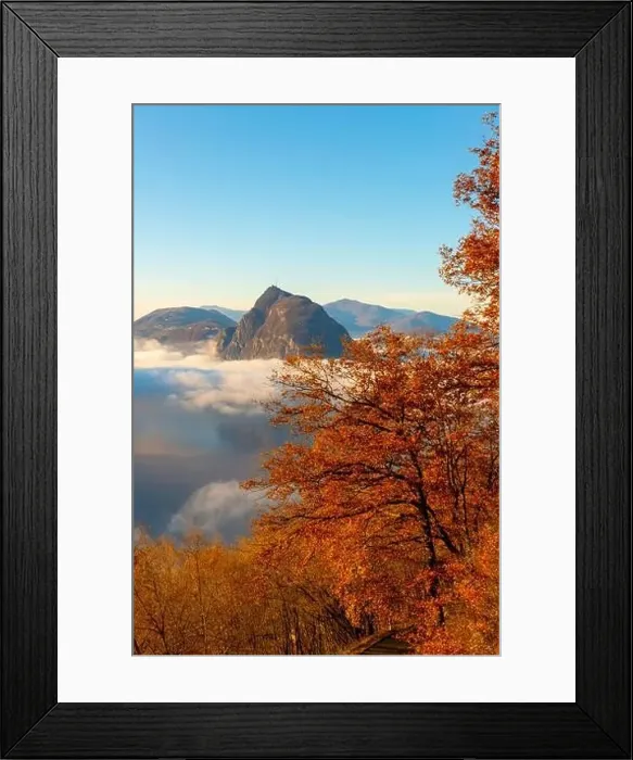 Framed Print : Mountain Peak San Salvatore Above Cloudscape with a Autumn Tree and Sunlight with Clear Sky in Lugano Framed Print : Mountain Peak San Salvatore Above Cloudscape with a Autumn Tree and Sunlight with Clear Sky in Lugano