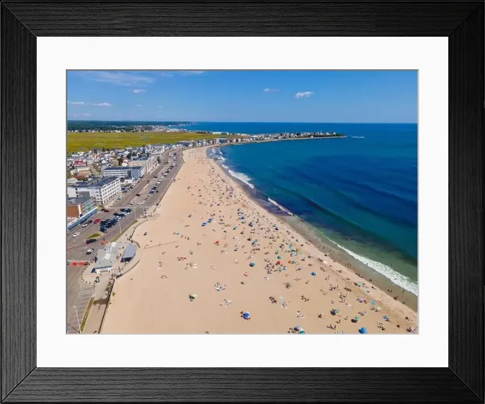 Framed Print : Hampton Beach aerial view including historic waterfront buildings on Ocean Boulevard and Hampton Beach State Park Framed Print : Hampton Beach aerial view including historic waterfront buildings on Ocean Boulevard and Hampton Beach State Park