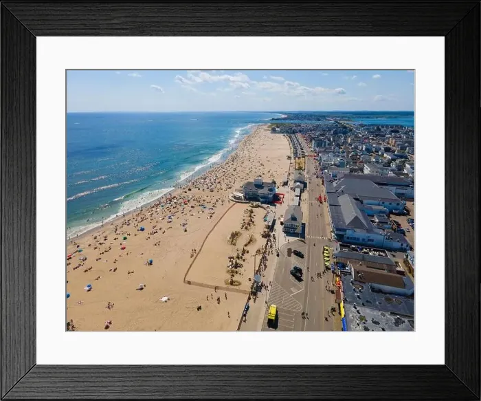 Framed Print : Hampton Beach aerial view including historic waterfront buildings on Ocean Boulevard and Hampton Beach State Park Framed Print : Hampton Beach aerial view including historic waterfront buildings on Ocean Boulevard and Hampton Beach State Park