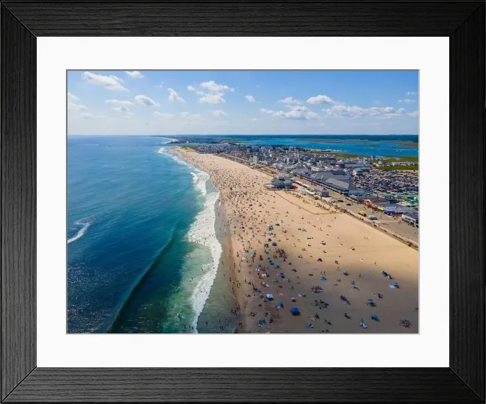 Framed Print : Hampton Beach aerial view including historic waterfront buildings on Ocean Boulevard and Hampton Beach State Park Framed Print : Hampton Beach aerial view including historic waterfront buildings on Ocean Boulevard and Hampton Beach State Park