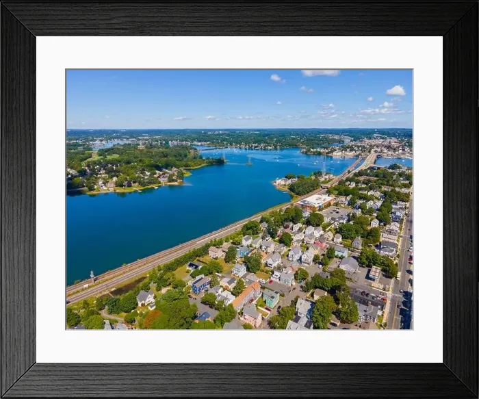 Framed Print : North River and Danvers River aerial view at the river mouth to the Atlantic at Salem Neck historic district in city of Framed Print : North River and Danvers River aerial view at the river mouth to the Atlantic at Salem Neck historic district in city of
