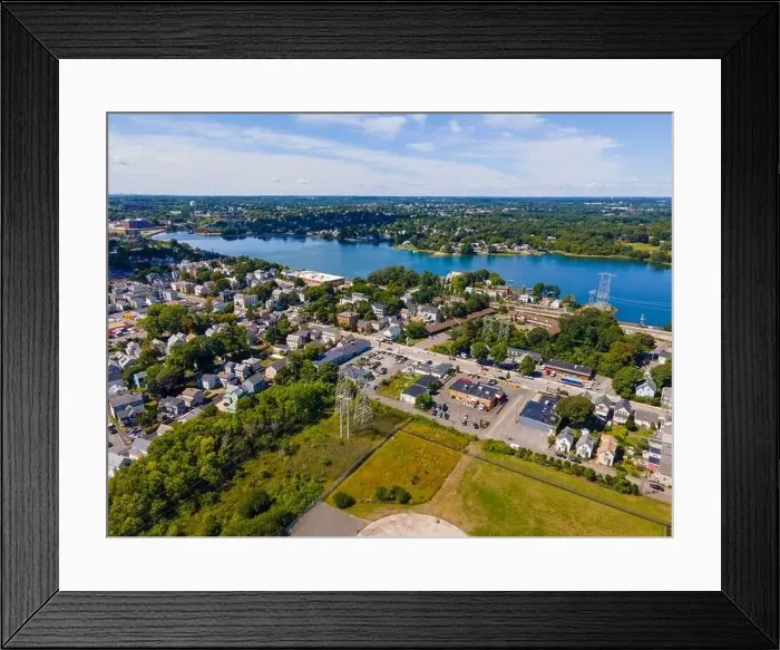Framed Print : North River and Danvers River aerial view at the river mouth to the Atlantic at Salem Neck historic district in city of Framed Print : North River and Danvers River aerial view at the river mouth to the Atlantic at Salem Neck historic district in city of