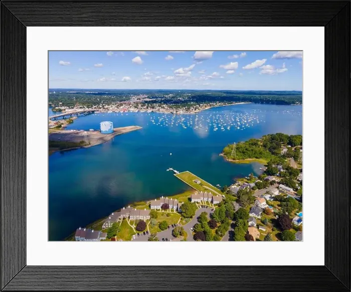 Framed Print : North River and Danvers River aerial view at the river mouth to the Atlantic at Salem Neck historic district in city of Framed Print : North River and Danvers River aerial view at the river mouth to the Atlantic at Salem Neck historic district in city of
