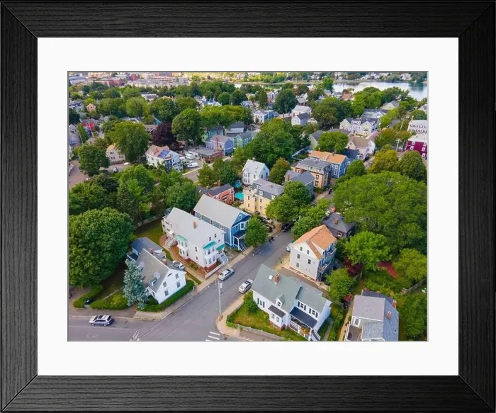 Framed Print : Old residence buildings aerial view in historic city center of Salem in Massachusetts MA, USA Framed Print : Old residence buildings aerial view in historic city center of Salem in Massachusetts MA, USA