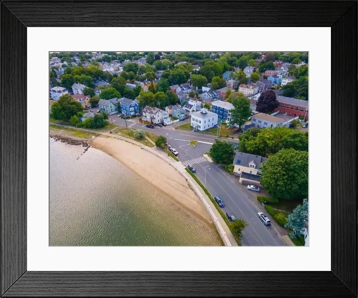 Framed Print : Collins Cove Beach aerial view in Salem Neck in historic city center of Salem, Massachusetts MA, USA