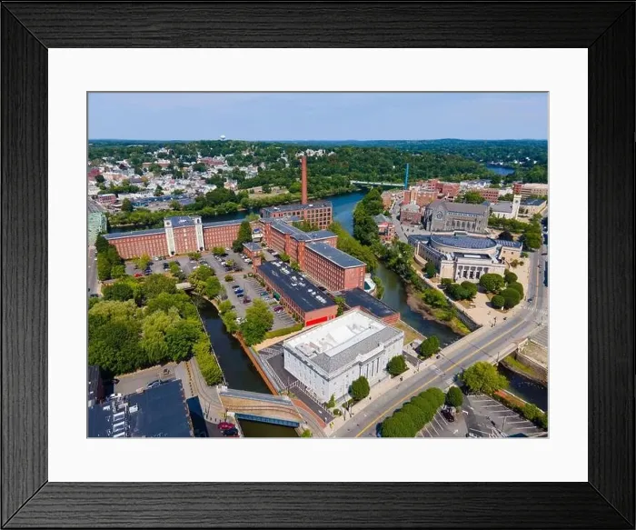 Framed Print : Boott Mills aerial view at the mouth of Concord River to Merrimack River in historic downtown Lowell Framed Print : Boott Mills aerial view at the mouth of Concord River to Merrimack River in historic downtown Lowell