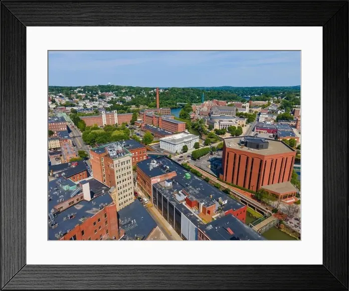 Framed Print : Boott Mills and Middlesex Community College aerial view at the mouth of Concord River to Merrimack River in historic Framed Print : Boott Mills and Middlesex Community College aerial view at the mouth of Concord River to Merrimack River in historic