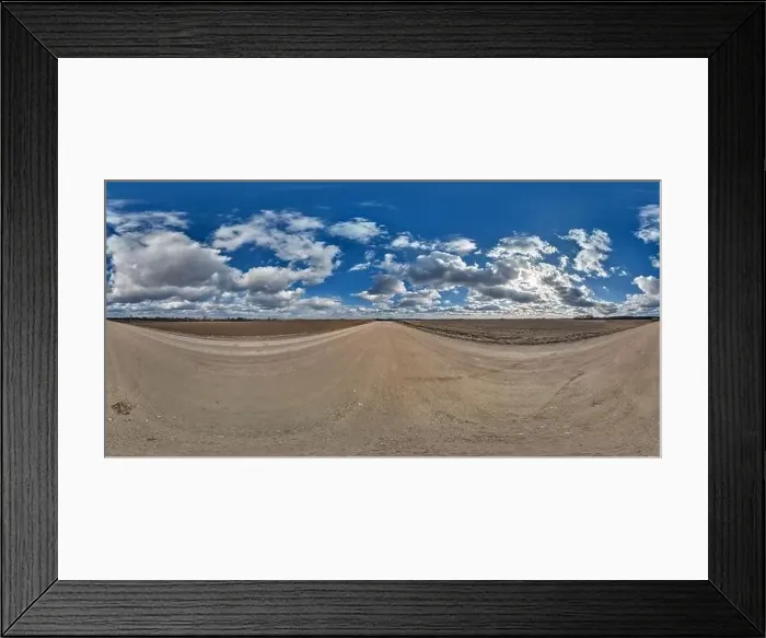 Framed Print : spherical 360 hdri panorama on gravel road with clouds and sun on blue sky in equirectangular seamless projection Framed Print : spherical 360 hdri panorama on gravel road with clouds and sun on blue sky in equirectangular seamless projection