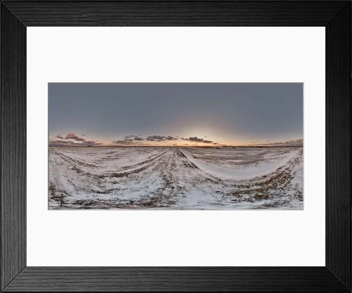 Framed Print : evening 360 hdri panorama on farming field with snow Framed Print : evening 360 hdri panorama on farming field with snow