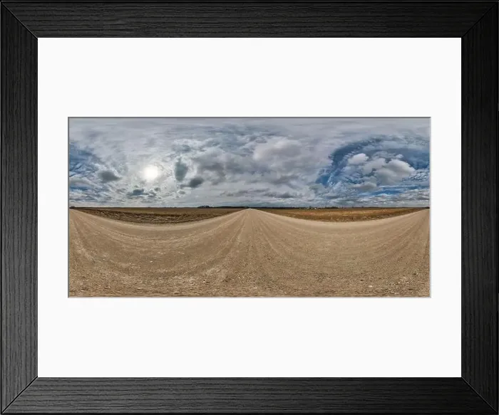 Framed Print : spherical 360 hdri panorama on gravel road with clouds on overcast sky in equirectangular seamless projection Framed Print : spherical 360 hdri panorama on gravel road with clouds on overcast sky in equirectangular seamless projection