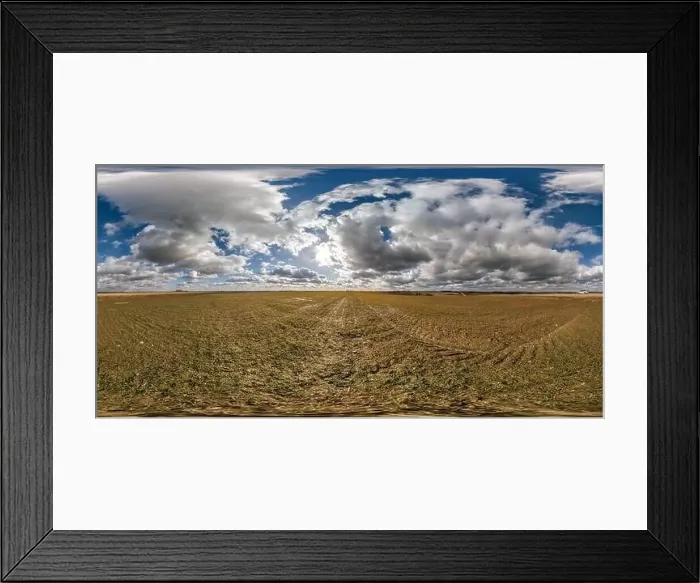 Framed Print : spherical 360 hdri panorama among farming field with clouds on blue sky in equirectangular seamless projection Framed Print : spherical 360 hdri panorama among farming field with clouds on blue sky in equirectangular seamless projection