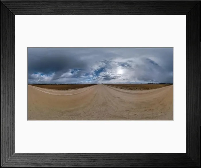 Framed Print : spherical 360 hdri panorama on gravel road with clouds on overcast sky in equirectangular seamless projection Framed Print : spherical 360 hdri panorama on gravel road with clouds on overcast sky in equirectangular seamless projection