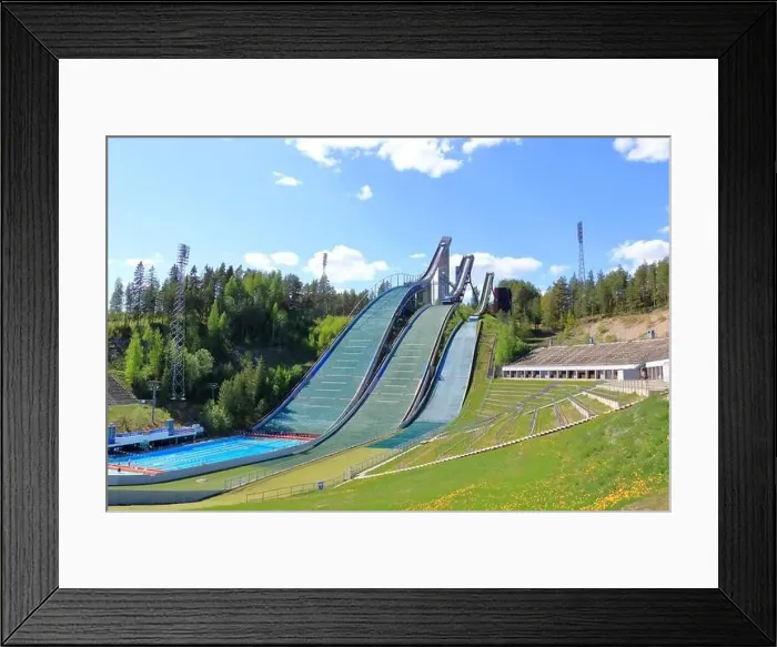 Framed Print : Aerial view of sports centre with three ski jump towers in the summer, Lahti in Finland Framed Print : Aerial view of sports centre with three ski jump towers in the summer, Lahti in Finland