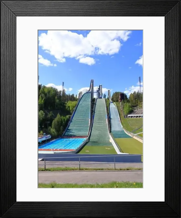 Framed Print : Aerial view of sports centre with three ski jump towers in the summer, Lahti in Finland Framed Print : Aerial view of sports centre with three ski jump towers in the summer, Lahti in Finland