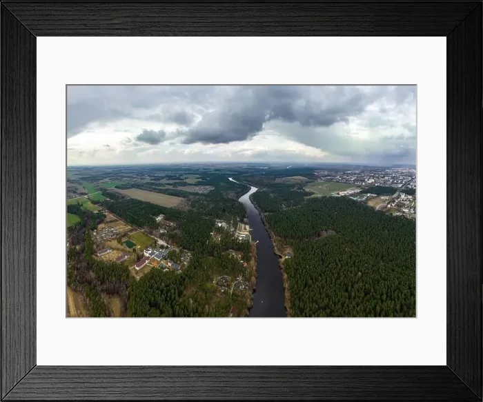 Framed Print : panoramic view from a high altitude of a meandering river in the forest Framed Print : panoramic view from a high altitude of a meandering river in the forest