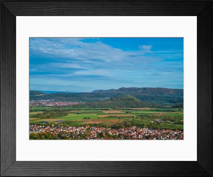 Framed Print : Germany, Panorama aerial drone view limburg mountain kirchheim swabian alb nature landscape near stuttgart sunny day Framed Print : Germany, Panorama aerial drone view limburg mountain kirchheim swabian alb nature landscape near stuttgart sunny day