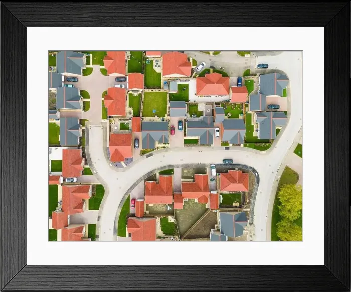 Framed Print : Drone top down view of new bungalow housing development in rural England Framed Print : Drone top down view of new bungalow housing development in rural England