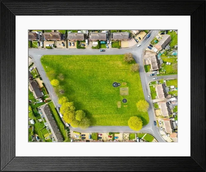 Framed Print : Aerial top down view of a centre green space area and small playground Framed Print : Aerial top down view of a centre green space area and small playground