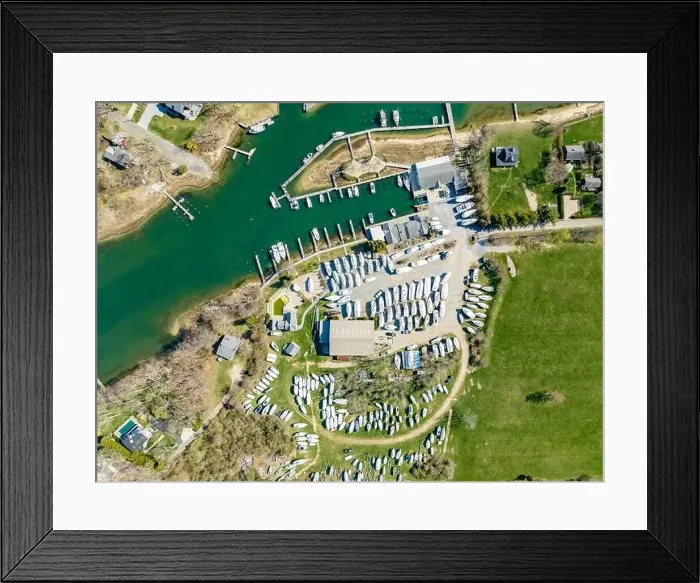 Framed Print : aerial view of Island boat yard in shelter island, NY