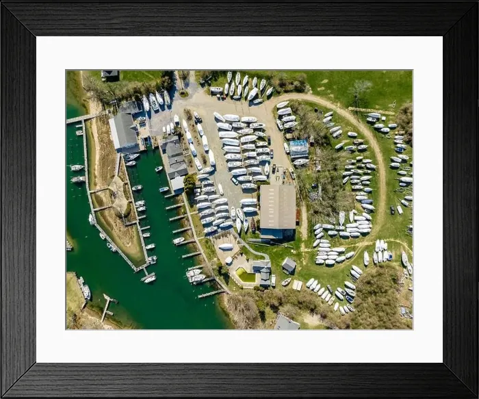 Framed Print : aerial view of Island boat yard in shelter island, NY