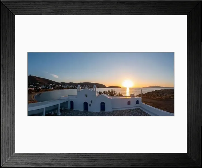 Framed Print : Tinos island, Cyclades Greece. Aerial drone view of Agios Sostis whitewashed orthodox church at sunset Framed Print : Tinos island, Cyclades Greece. Aerial drone view of Agios Sostis whitewashed orthodox church at sunset