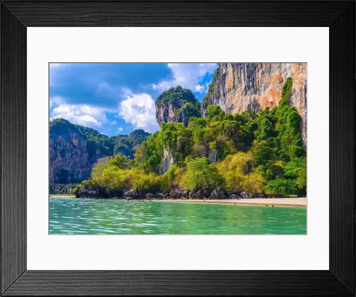 Framed Print : Rocks and cliffs, water and tropical white sand beach, Railay beach west, Ao Nang, Krabi, Thailand Framed Print : Rocks and cliffs, water and tropical white sand beach, Railay beach west, Ao Nang, Krabi, Thailand