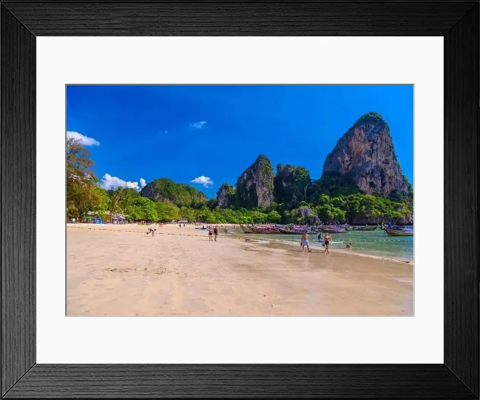 Framed Print : KRABI, THAILAND- MARCH 2018: Rocks, water and tropical white sand beach, Railay beach west, Ao Nang, Krabi, Thailand Framed Print : KRABI, THAILAND- MARCH 2018: Rocks, water and tropical white sand beach, Railay beach west, Ao Nang, Krabi, Thailand