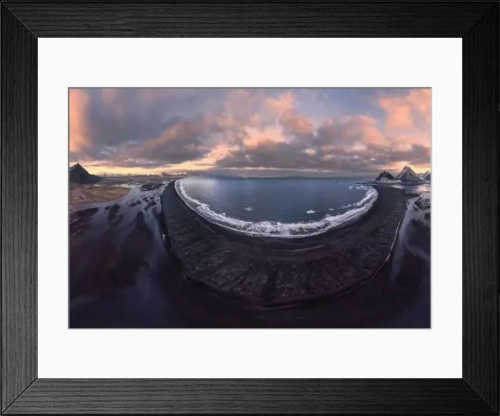 Framed Print : Aerial view of rocky mountains covered with snow located near sea against cloudy sky during sunset in Almeria Framed Print : Aerial view of rocky mountains covered with snow located near sea against cloudy sky during sunset in Almeria