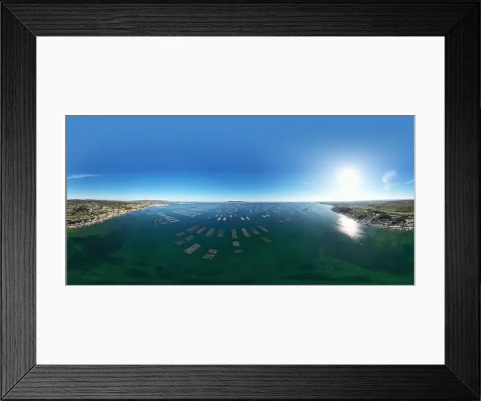 Framed Print : Aerial view of the oyster tables on the Etang de Thau in Occitanie, France Framed Print : Aerial view of the oyster tables on the Etang de Thau in Occitanie, France