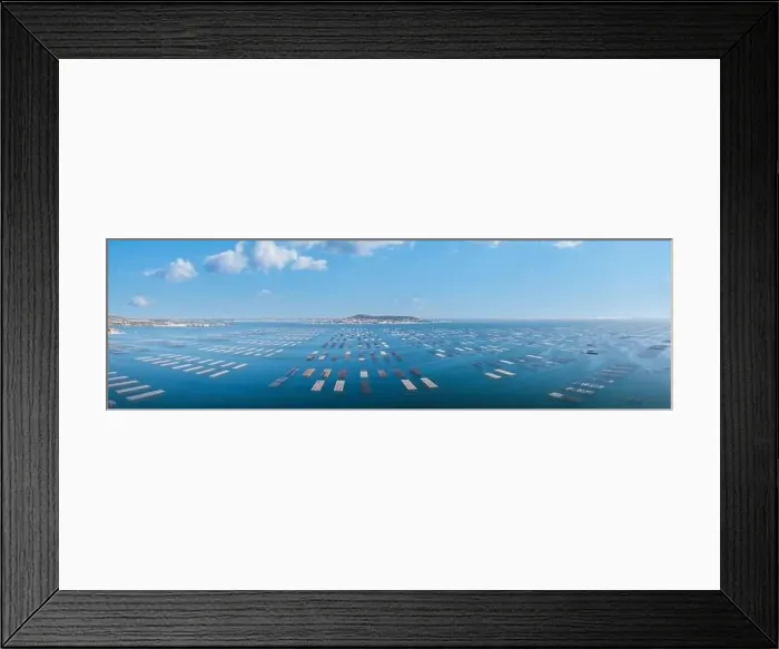 Framed Print : Aerial view of the oyster tables on the Etang de Thau in Occitanie, France Framed Print : Aerial view of the oyster tables on the Etang de Thau in Occitanie, France