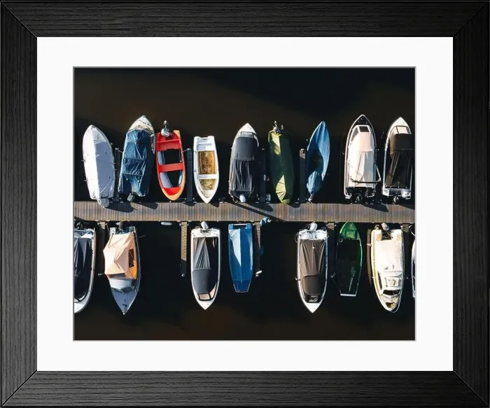 Framed Print : Aerial, top down view of docked boats in a harbour Framed Print : Aerial, top down view of docked boats in a harbour