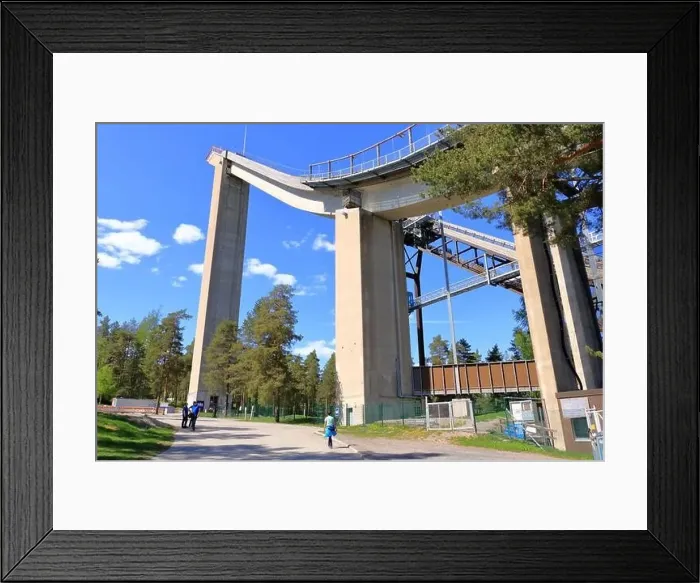Framed Print : the upper part of the ski jumping facility ski jump towers in summer, Lahti in Finland Framed Print : the upper part of the ski jumping facility ski jump towers in summer, Lahti in Finland
