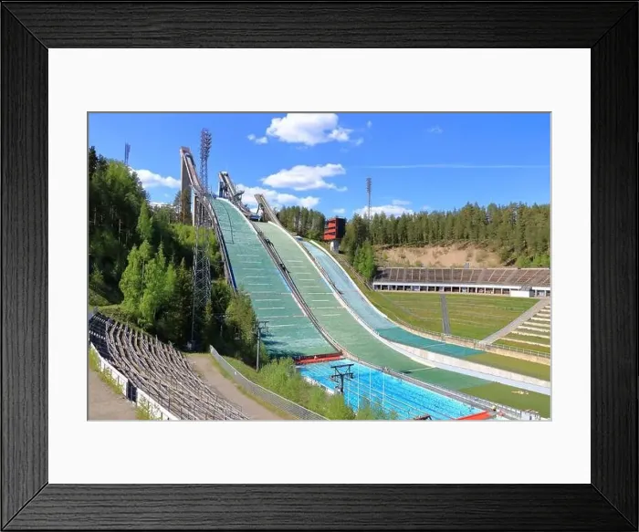 Framed Print : Aerial view of sports centre with three ski jump towers in the summer, Lahti in Finland Framed Print : Aerial view of sports centre with three ski jump towers in the summer, Lahti in Finland