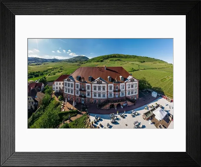 Framed Print : Drone view of an ancient castle used for weddings and celebrations. Spacious terrace, sunny day. Alsace, France Framed Print : Drone view of an ancient castle used for weddings and celebrations. Spacious terrace, sunny day. Alsace, France