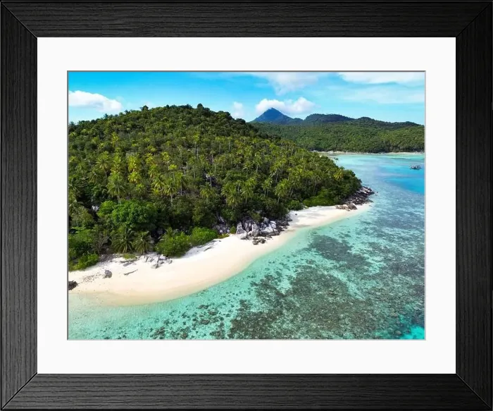 Framed Print : Indonesia Anambas Islands - Drone view Telaga Island coast line with beach Framed Print : Indonesia Anambas Islands - Drone view Telaga Island coast line with beach