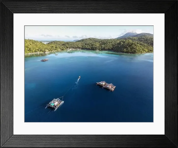 Framed Print : Indonesia Anambas Islands - Drone view Telaga Island Bagan perahu - boat to lift nets Framed Print : Indonesia Anambas Islands - Drone view Telaga Island Bagan perahu - boat to lift nets