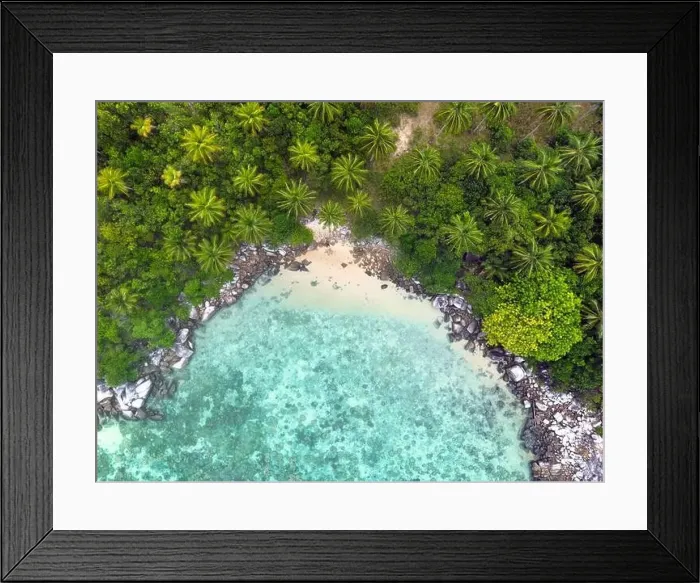 Framed Print : Indonesia Anambas Islands - Drone view Telaga Island coast line with beach Framed Print : Indonesia Anambas Islands - Drone view Telaga Island coast line with beach