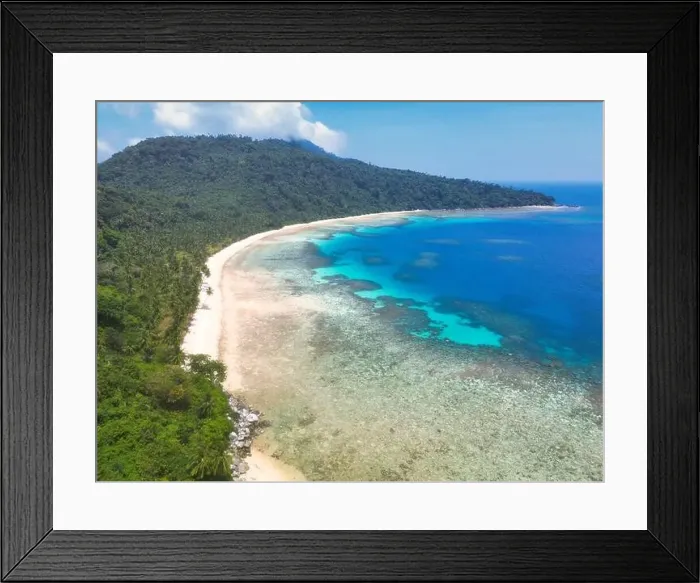 Framed Print : Indonesia Anambas Islands - Drone view Telaga Island coast line with beach Framed Print : Indonesia Anambas Islands - Drone view Telaga Island coast line with beach