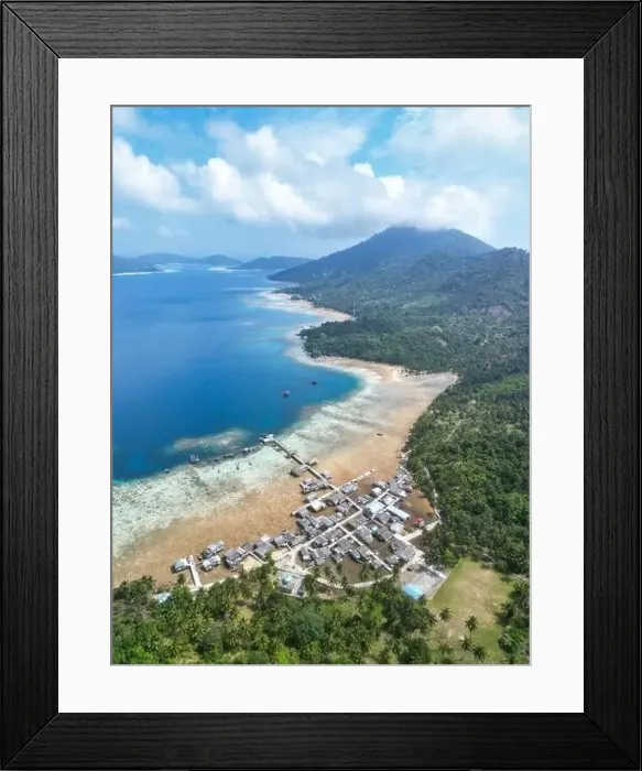 Framed Print : Indonesia Anambas Islands - Drone view Telaga Island coast line with beach Framed Print : Indonesia Anambas Islands - Drone view Telaga Island coast line with beach