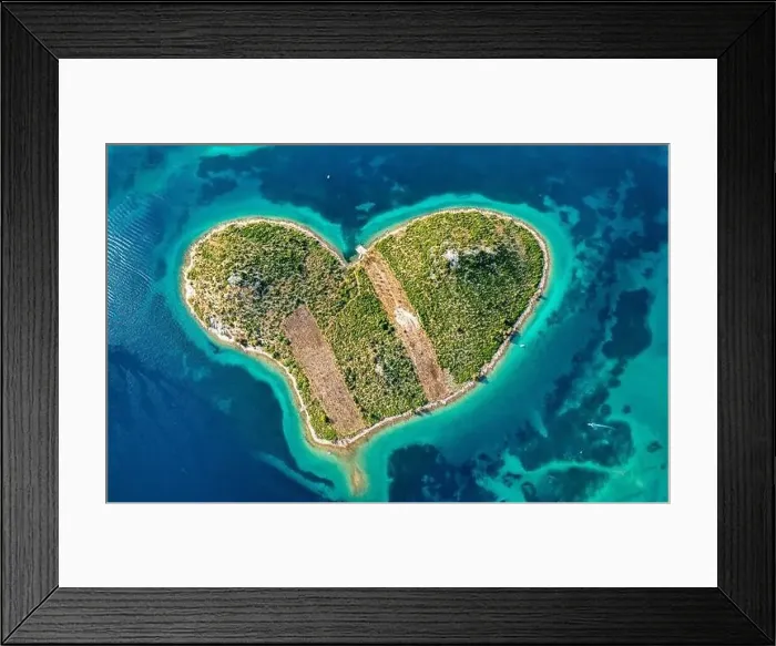 Framed Print : Aerial view of the heart shaped Galesnjak island on the adriatic coast Framed Print : Aerial view of the heart shaped Galesnjak island on the adriatic coast