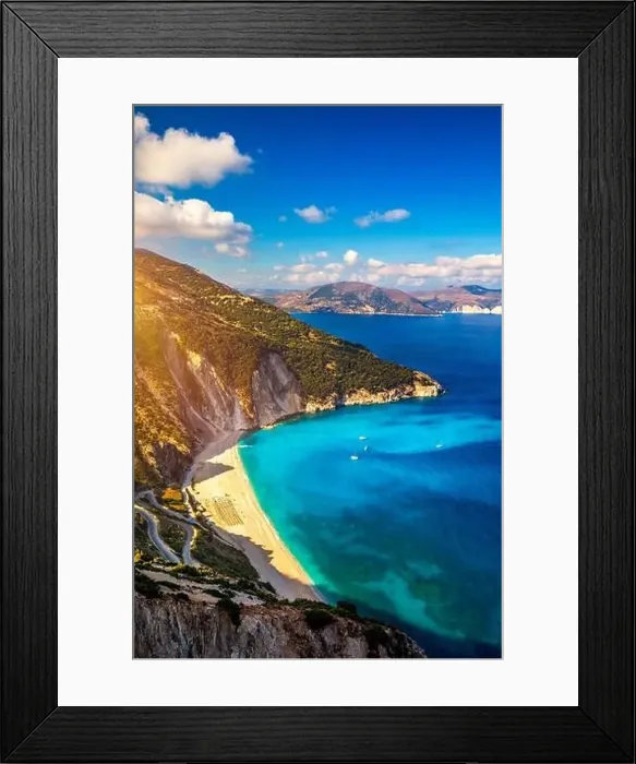 Framed Print : Aerial drone view of iconic turquoise and sapphire bay and beach of Myrtos Framed Print : Aerial drone view of iconic turquoise and sapphire bay and beach of Myrtos