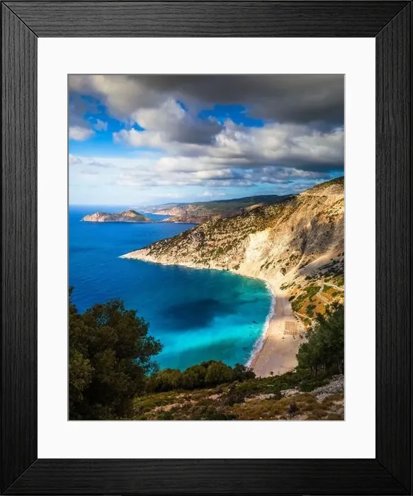 Framed Print : Aerial drone view of iconic turquoise and sapphire bay and beach of Myrtos Framed Print : Aerial drone view of iconic turquoise and sapphire bay and beach of Myrtos